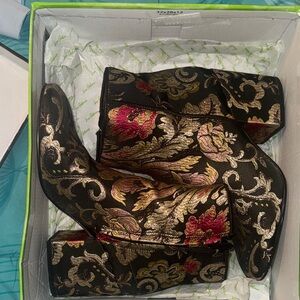 Sam Edelman Black and Gold Floral Heeled Boots
